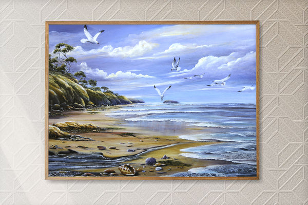 Original Coastal Art Print - Seagulls and Shells
